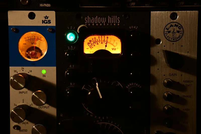Shadow Hills and IGS 500-series modules with lit meters