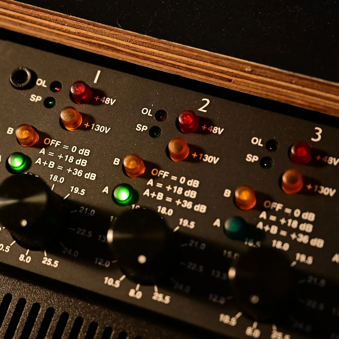 Three-channel preamp with glowing LEDs in the AZSound rack
